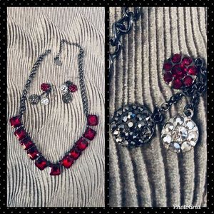 Red and silver necklace and earring set.